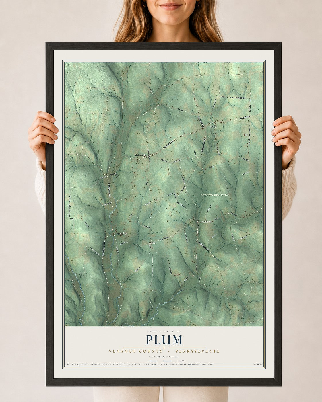 Map of Plum, Venango County, Pennsylvania, 24 x 36 inch print in a black wood frame