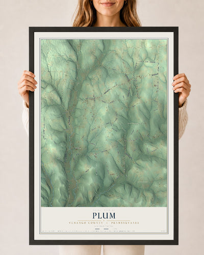 Map of Plum, Venango County, Pennsylvania, 24 x 36 inch print in a black wood frame