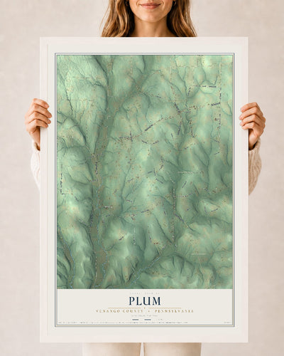 Map of Plum, Venango County, Pennsylvania, 24 x 36 inch print in a white wood frame