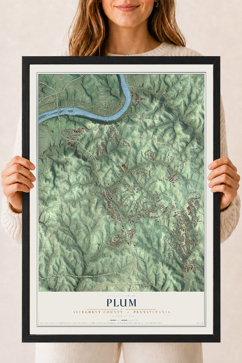 Map of Plum, Allegheny County, Pennsylvania, 18 x 24 inch print in a black wood frame