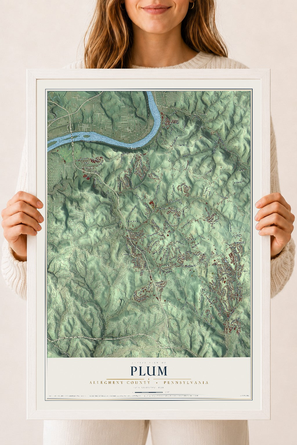 Map of Plum, Allegheny County, Pennsylvania, 18 x 24 inch print in a white wood frame