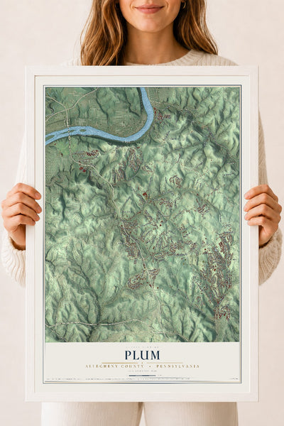Map of Plum, Allegheny County, Pennsylvania, 18 x 24 inch print in a white wood frame