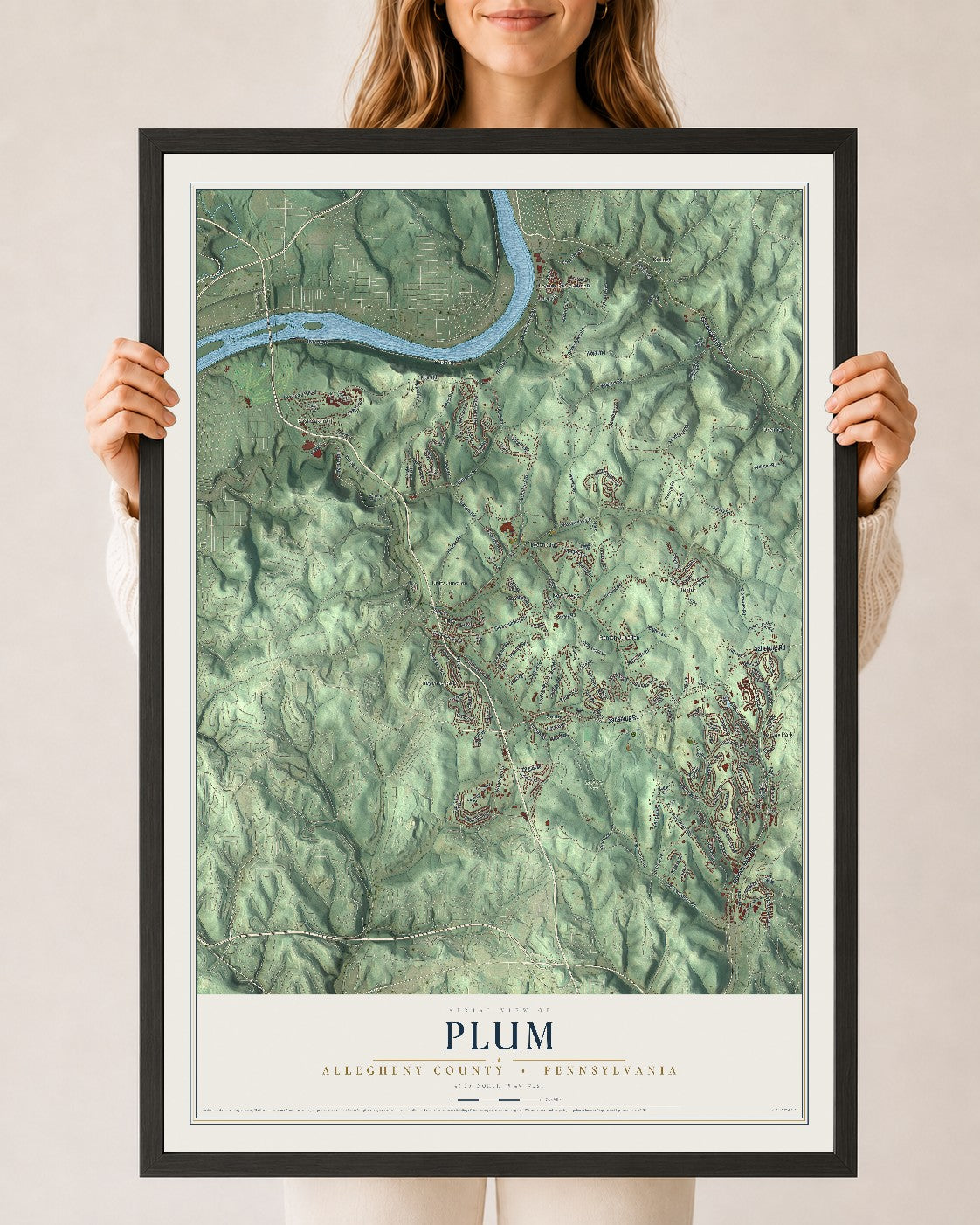 Map of Plum, Allegheny County, Pennsylvania, 24 x 36 inch print in a black wood frame