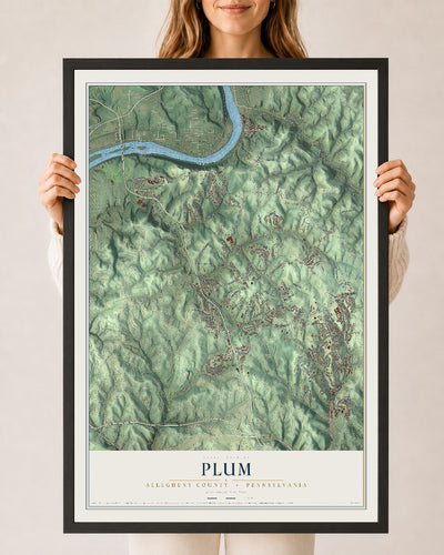 Map of Plum, Allegheny County, Pennsylvania, 24 x 36 inch print in a black wood frame