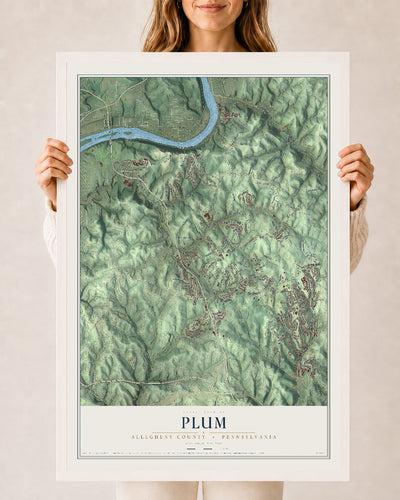 Map of Plum, Allegheny County, Pennsylvania, 24 x 36 inch print in a white wood frame