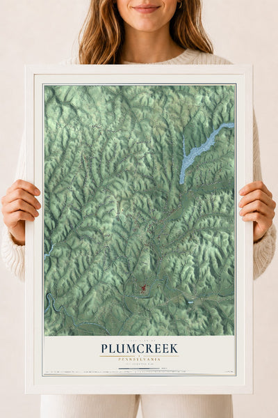 Map of Plumcreek, Pennsylvania, 18 x 24 inch print in a white wood frame