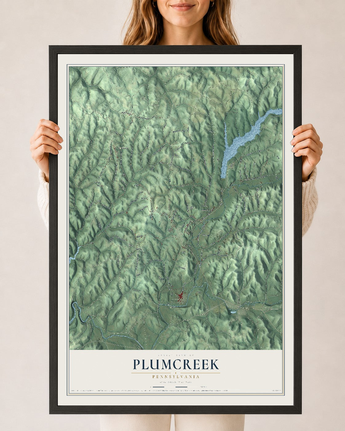 Map of Plumcreek, Pennsylvania, 24 x 36 inch print in a black wood frame
