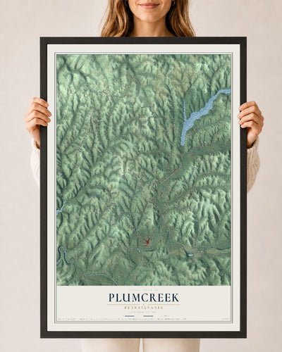 Map of Plumcreek, Pennsylvania, 24 x 36 inch print in a black wood frame