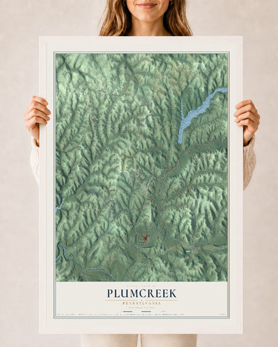 Map of Plumcreek, Pennsylvania, 24 x 36 inch print in a white wood frame