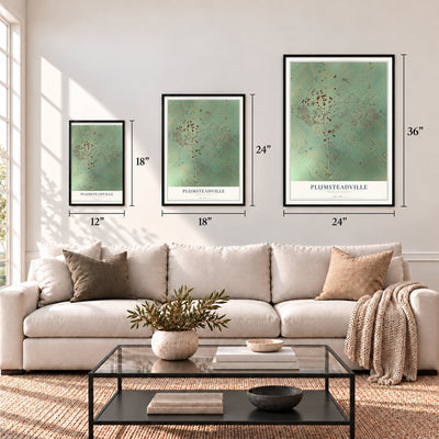 Plumsteadville, Pennsylvania map in 12 x 18, 18 x 24 and 24 x 36 inch sizes above a sofa