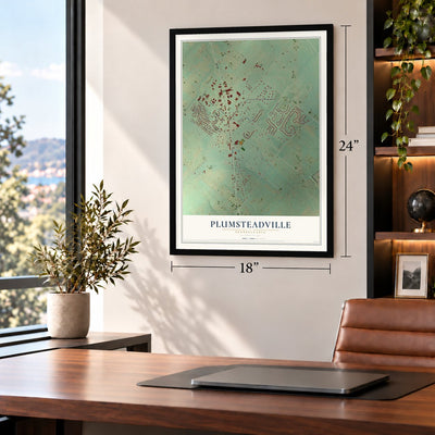Plumsteadville, Pennsylvania map, 18 x 24 inch print in a black frame in a home office