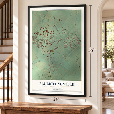 Plumsteadville, Pennsylvania map, 24 x 36 inch print in a black frame by a staircase