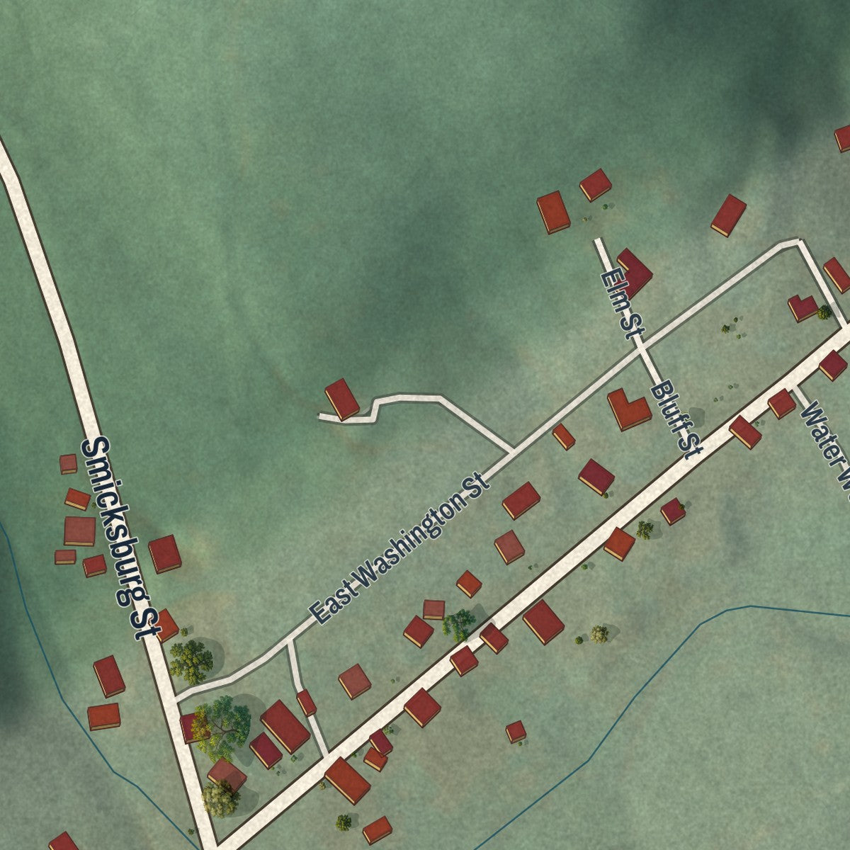 Close-up of the map of Plumville, Pennsylvania print showing street and building detail