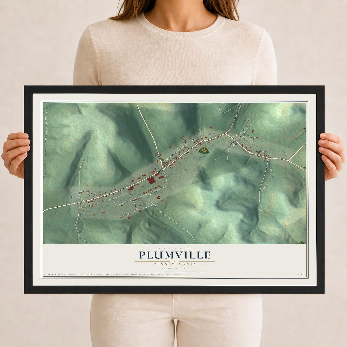 Map of Plumville, Pennsylvania, 12 x 18 inch print in a black wood frame