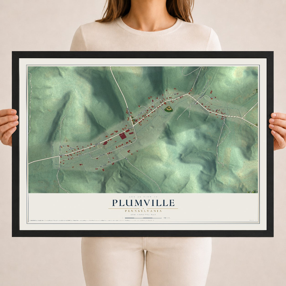 Map of Plumville, Pennsylvania, 18 x 24 inch print in a black wood frame