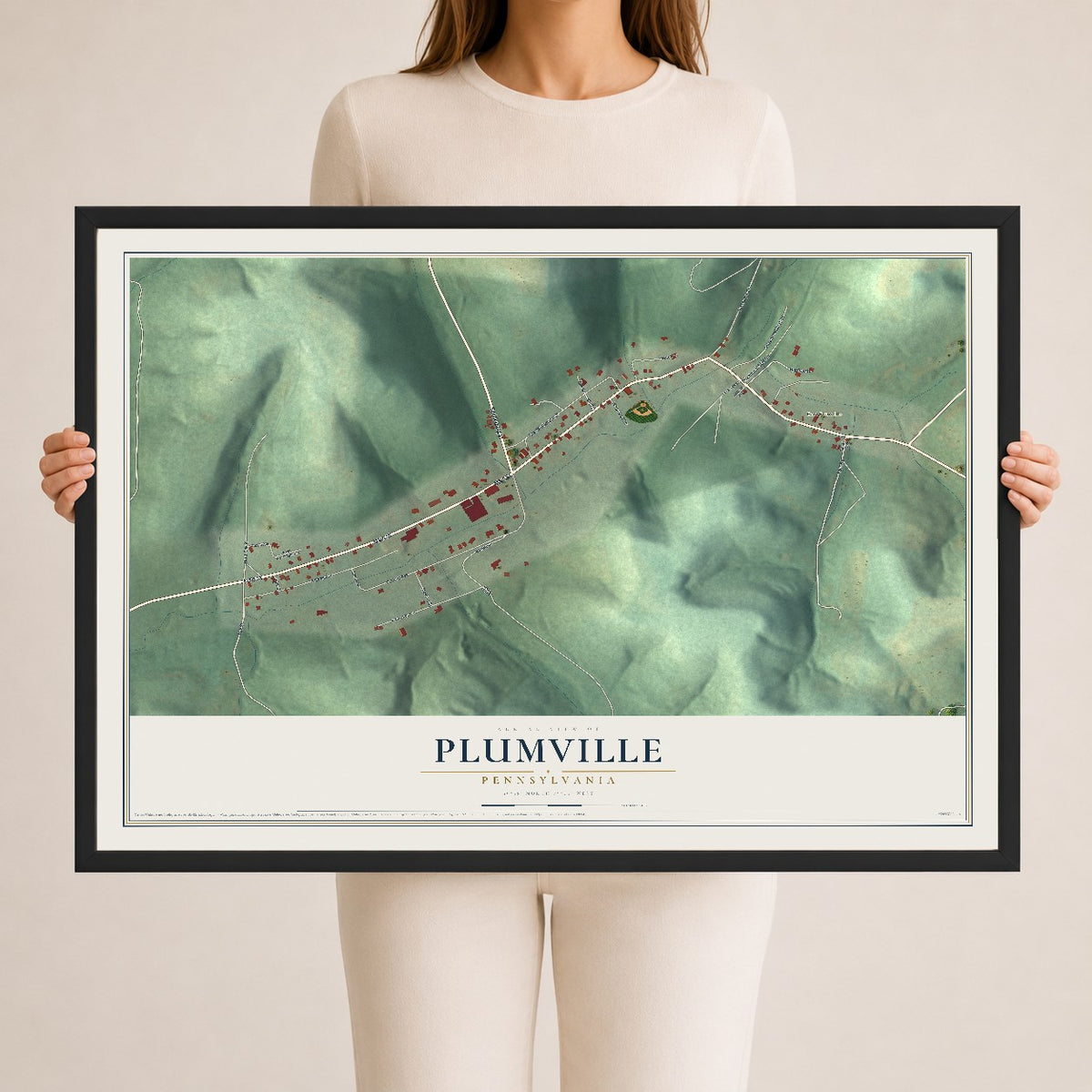 Map of Plumville, Pennsylvania, 24 x 36 inch print in a black wood frame