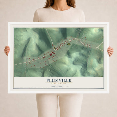 Map of Plumville, Pennsylvania, 24 x 36 inch print in a white wood frame