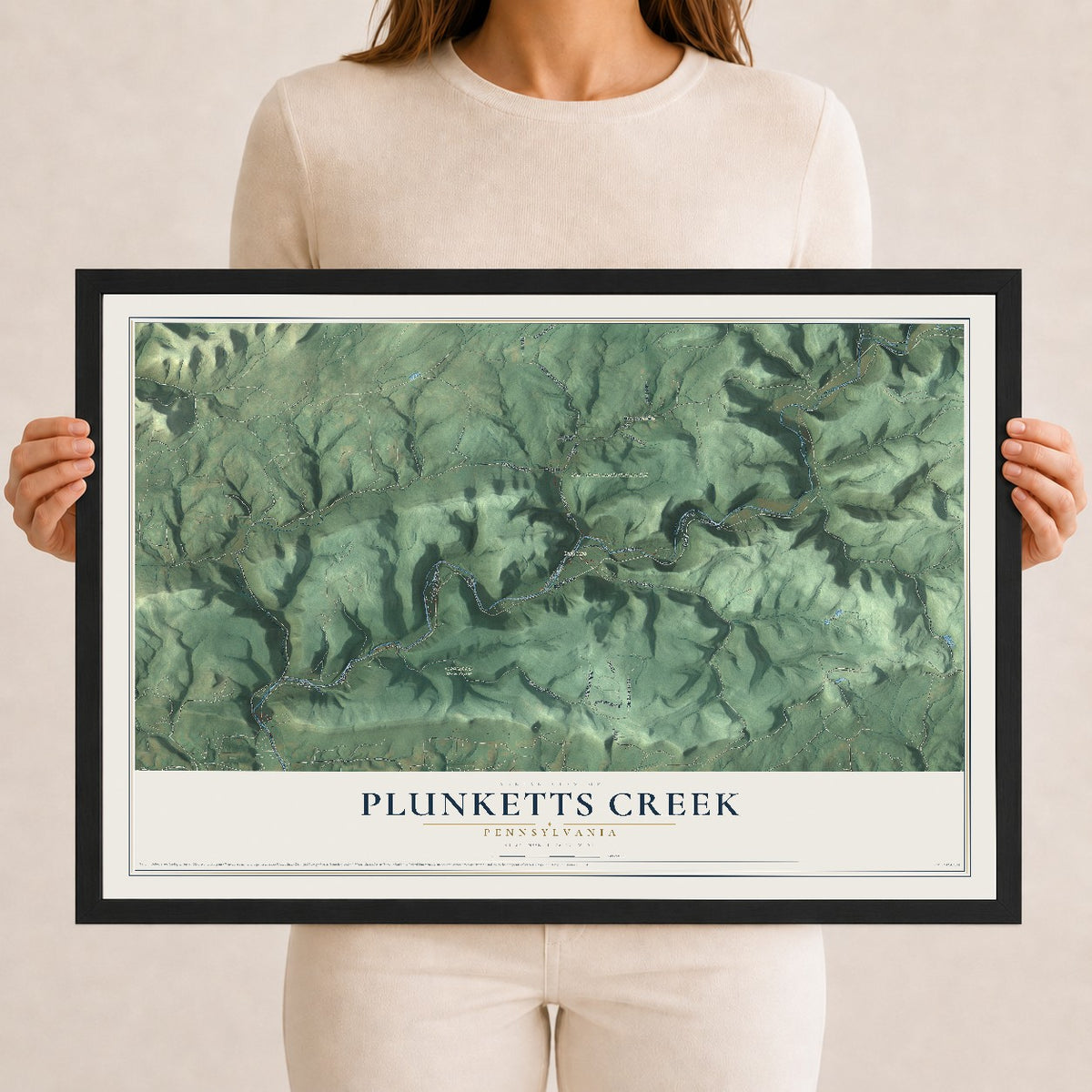 Map of Plunketts Creek, Pennsylvania, 12 x 18 inch print in a black wood frame
