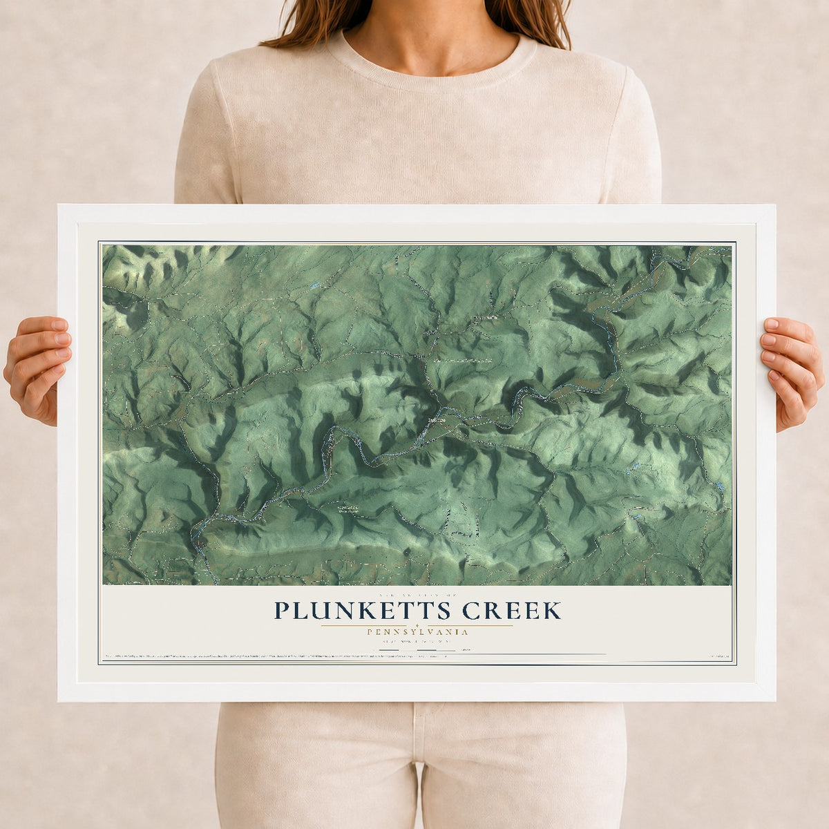 Map of Plunketts Creek, Pennsylvania, 12 x 18 inch print in a white wood frame