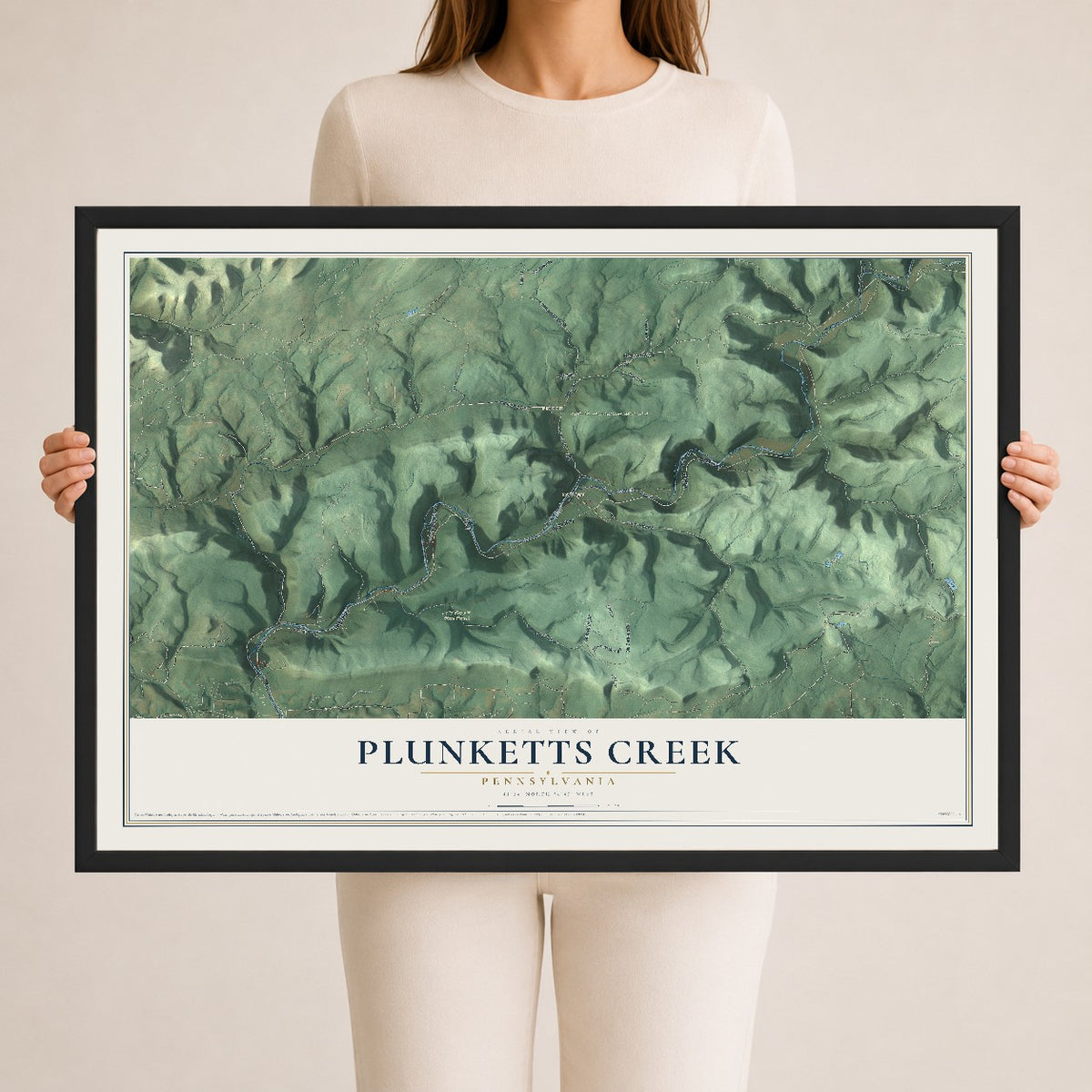 Map of Plunketts Creek, Pennsylvania, 24 x 36 inch print in a black wood frame