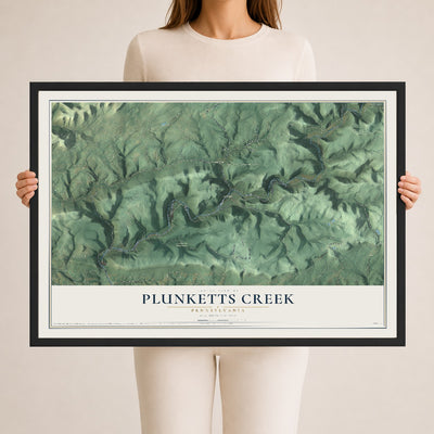 Map of Plunketts Creek, Pennsylvania, 24 x 36 inch print in a black wood frame
