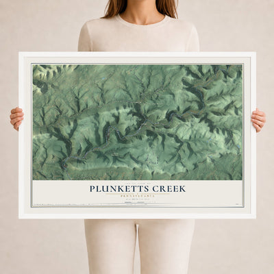 Map of Plunketts Creek, Pennsylvania, 24 x 36 inch print in a white wood frame