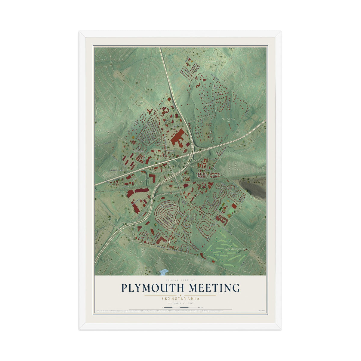 Map of Plymouth Meeting, Pennsylvania, 12 x 18 inch print in a white wood frame