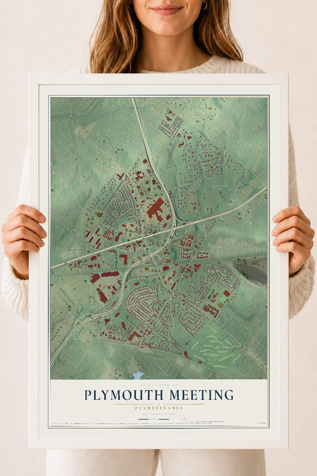 Map of Plymouth Meeting, Pennsylvania, 18 x 24 inch print in a white wood frame