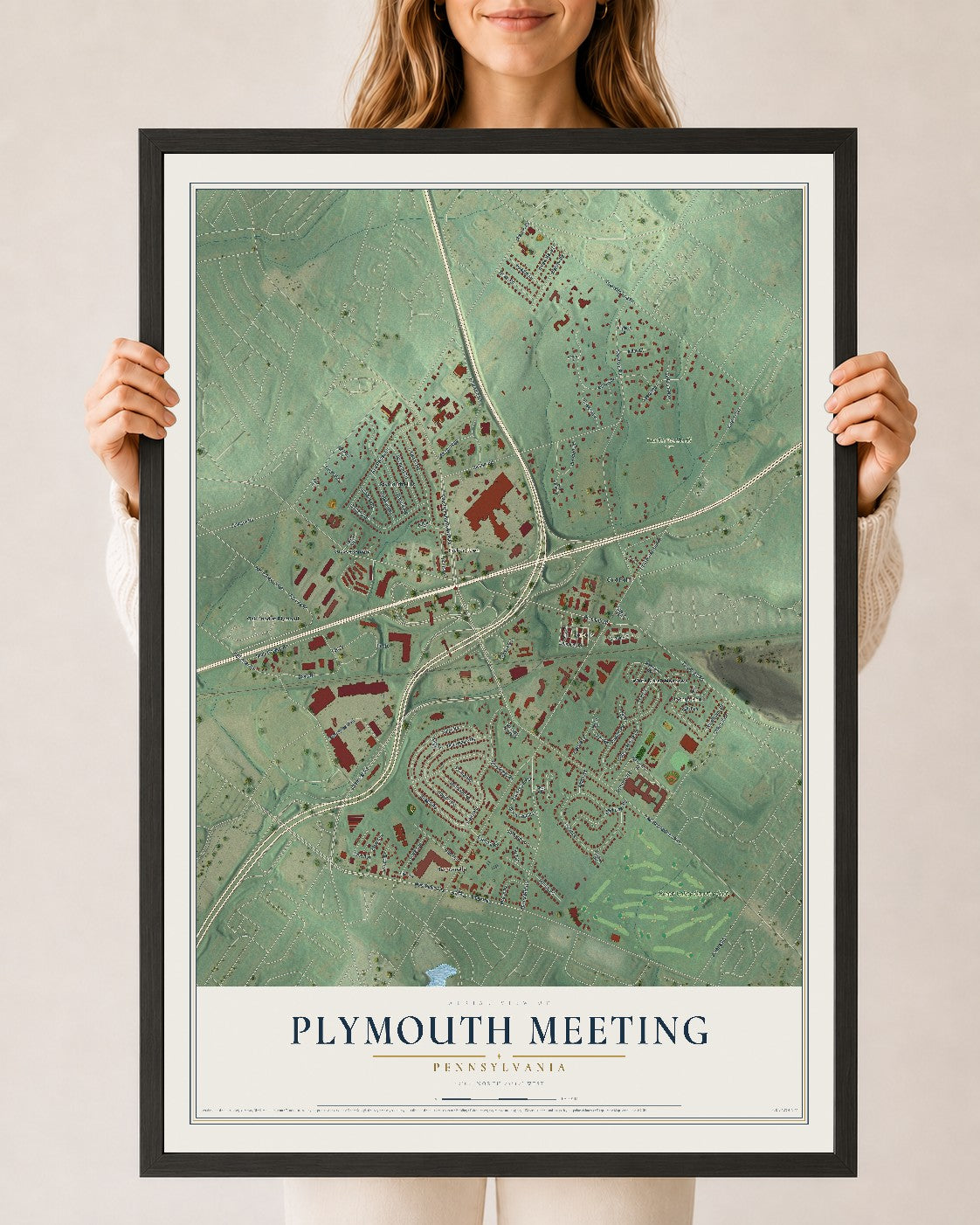 Map of Plymouth Meeting, Pennsylvania, 24 x 36 inch print in a black wood frame