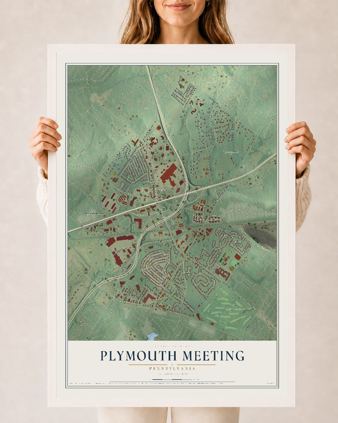 Map of Plymouth Meeting, Pennsylvania, 24 x 36 inch print in a white wood frame