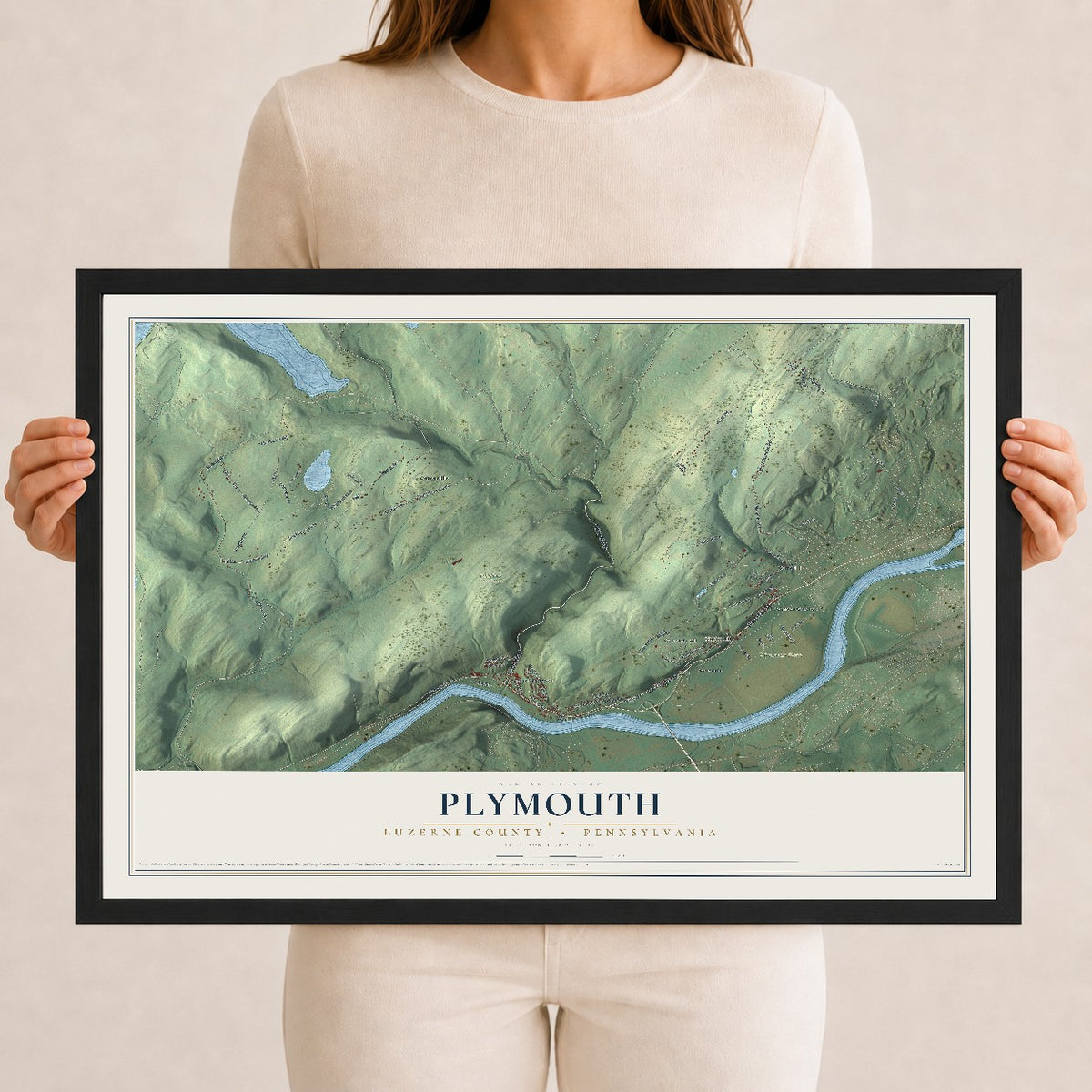 Map of Plymouth, Luzerne County, Pennsylvania, 12 x 18 inch print in a black wood frame