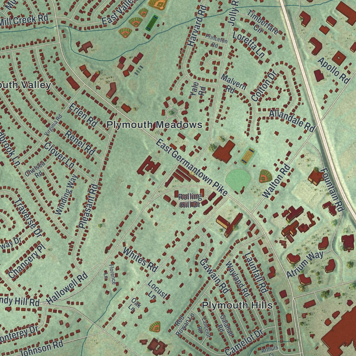 Close-up of the map of Plymouth, Montgomery County, Pennsylvania print showing street and building detail