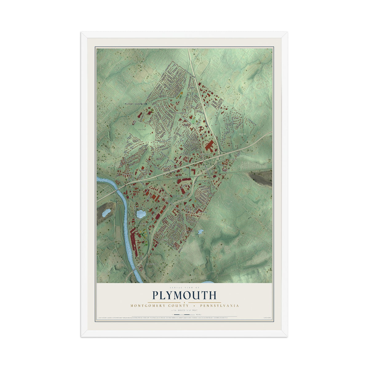 Map of Plymouth, Montgomery County, Pennsylvania, 12 x 18 inch print in a white wood frame