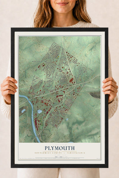 Map of Plymouth, Montgomery County, Pennsylvania, 18 x 24 inch print in a black wood frame