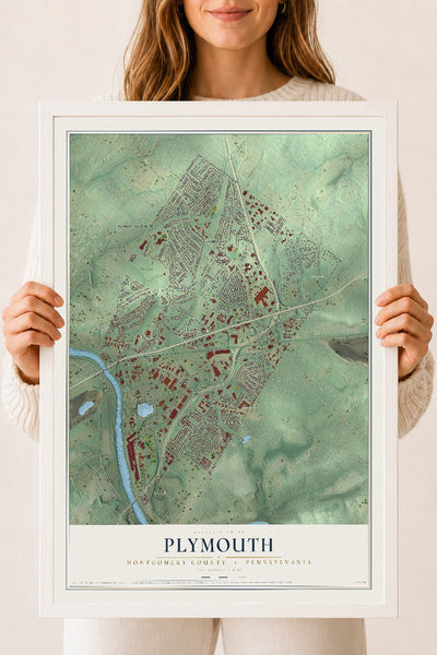 Map of Plymouth, Montgomery County, Pennsylvania, 18 x 24 inch print in a white wood frame
