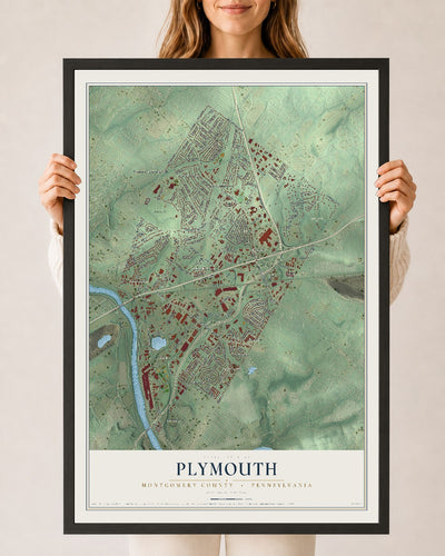 Map of Plymouth, Montgomery County, Pennsylvania, 24 x 36 inch print in a black wood frame