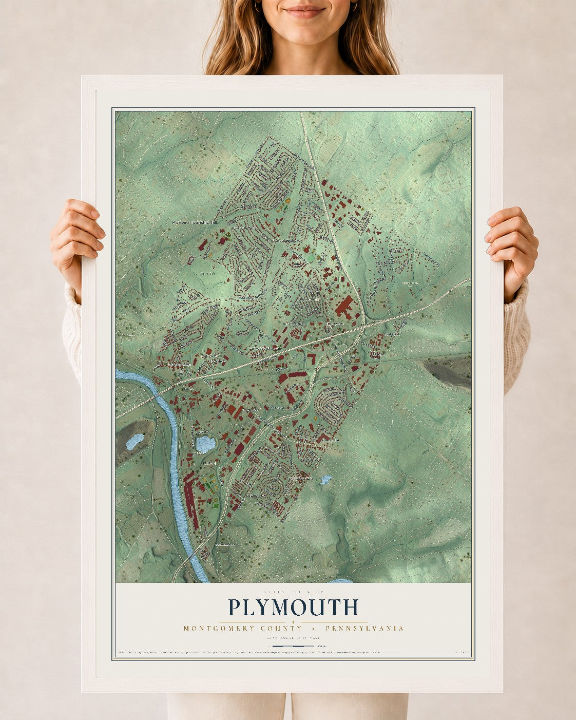 Map of Plymouth, Montgomery County, Pennsylvania, 24 x 36 inch print in a white wood frame