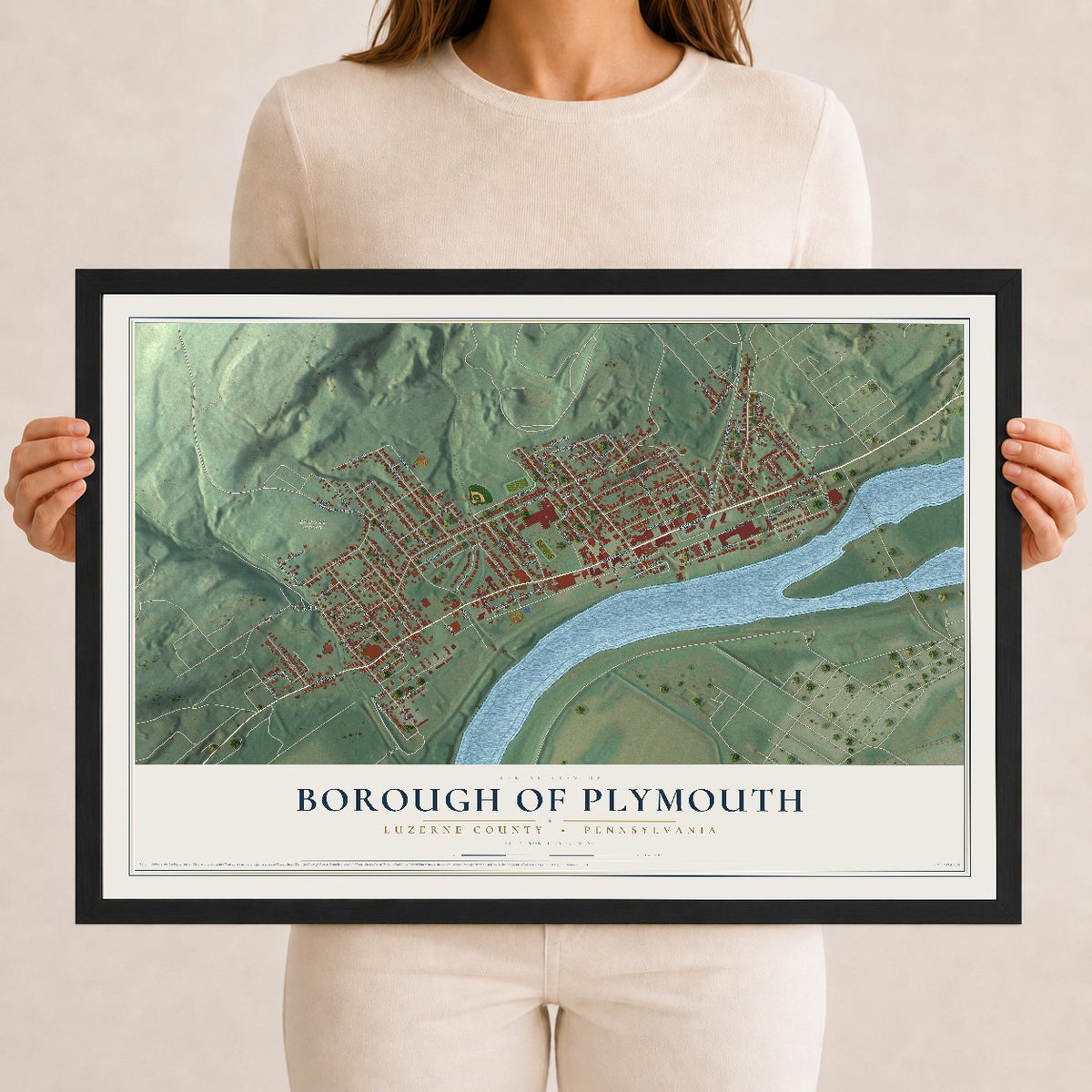 Map of the Borough of Plymouth, Luzerne County, Pennsylvania, 12 x 18 inch print in a black wood frame