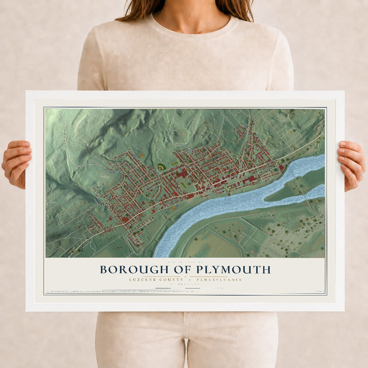 Map of the Borough of Plymouth, Luzerne County, Pennsylvania, 12 x 18 inch print in a white wood frame