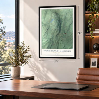 Pocono Mountain Lake Estates, Pennsylvania map, 18 x 24 inch print in a black frame in a home office