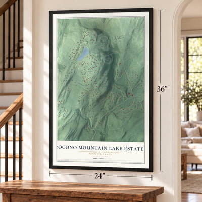 Pocono Mountain Lake Estates, Pennsylvania map, 24 x 36 inch print in a black frame by a staircase