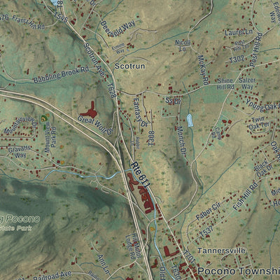 Second close-up of the map of Pocono, Pennsylvania print showing more streets and buildings