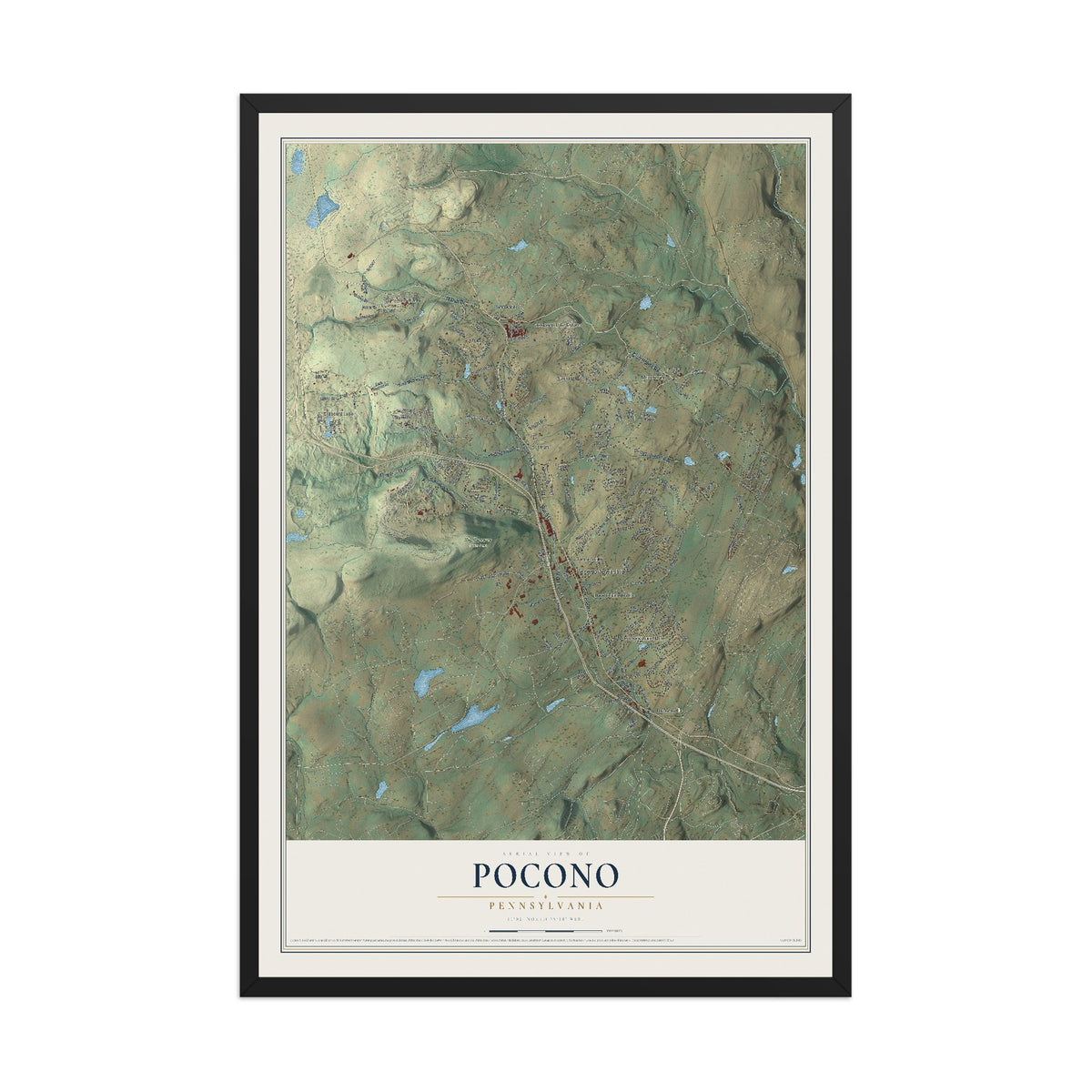 Map of Pocono, Pennsylvania, 12 x 18 inch print in a black wood frame