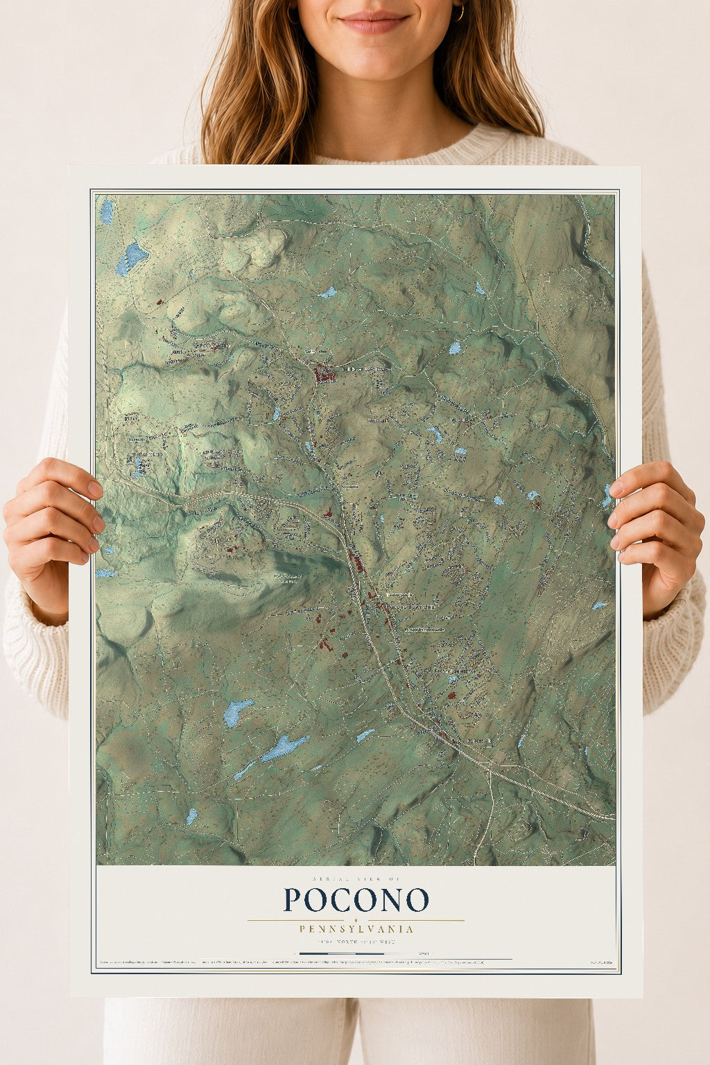 Map of Pocono, Pennsylvania, 18 x 24 inch unframed archival matte print