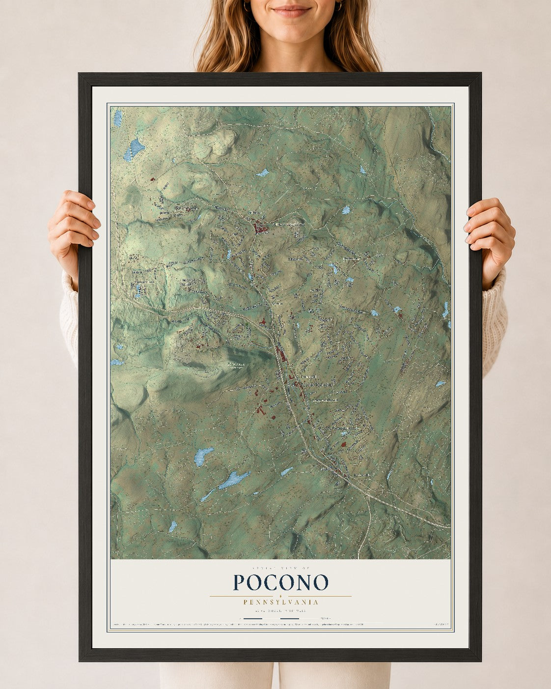 Map of Pocono, Pennsylvania, 24 x 36 inch print in a black wood frame