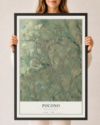 Map of Pocono, Pennsylvania, 24 x 36 inch print in a black wood frame