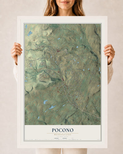 Map of Pocono, Pennsylvania, 24 x 36 inch print in a white wood frame
