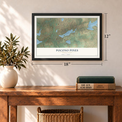 Pocono Pines, Pennsylvania map, 12 x 18 inch print in a black frame in an entryway