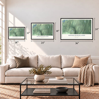 Pocono Ranch Lands, Pennsylvania map in 12 x 18, 18 x 24 and 24 x 36 inch sizes above a sofa