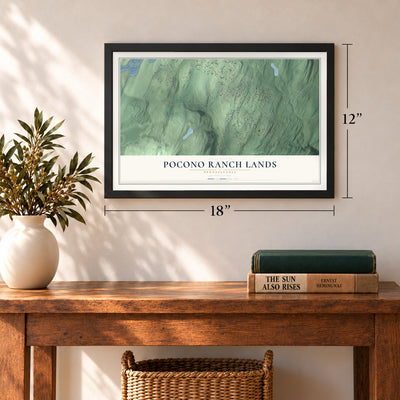 Pocono Ranch Lands, Pennsylvania map, 12 x 18 inch print in a black frame in an entryway